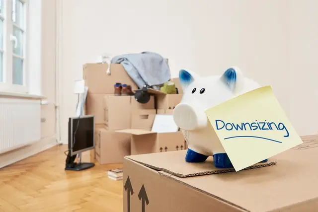 Professional organizer in Toronto A white piggy bank with blue accents sits on a cardboard box labeled 'Downsizing,' surrounded by unpacked boxes and a small TV. The setting suggests organizing services for a move. offering professional organization services for homes and offices.