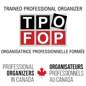 Professional organizer in Toronto Logo for the association of Professional Organizers in Canada (TPOFOP), featuring a stylized design with letters in a grid and a maple leaf emblem, accompanied by the phrase 'Professional Organizers in Canada' in English and French. offering professional organization services for homes and offices.