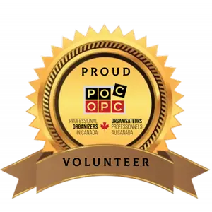 Professional organizer in Toronto A gold medal graphic featuring a circular emblem that reads "PROUD VOLUNTEER" at the bottom. The center displays the logo of Professional Organizers in Canada, with the acronym POC and the bilingual text in English and French. offering professional organization services for homes and offices.