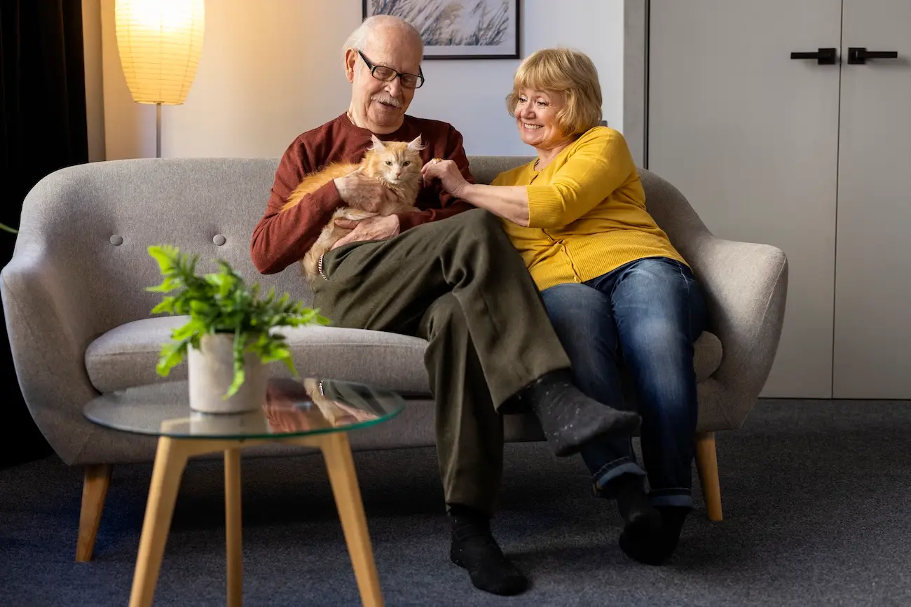 Senior couple relaxing on couch with their orange cat in a calm, organized living space