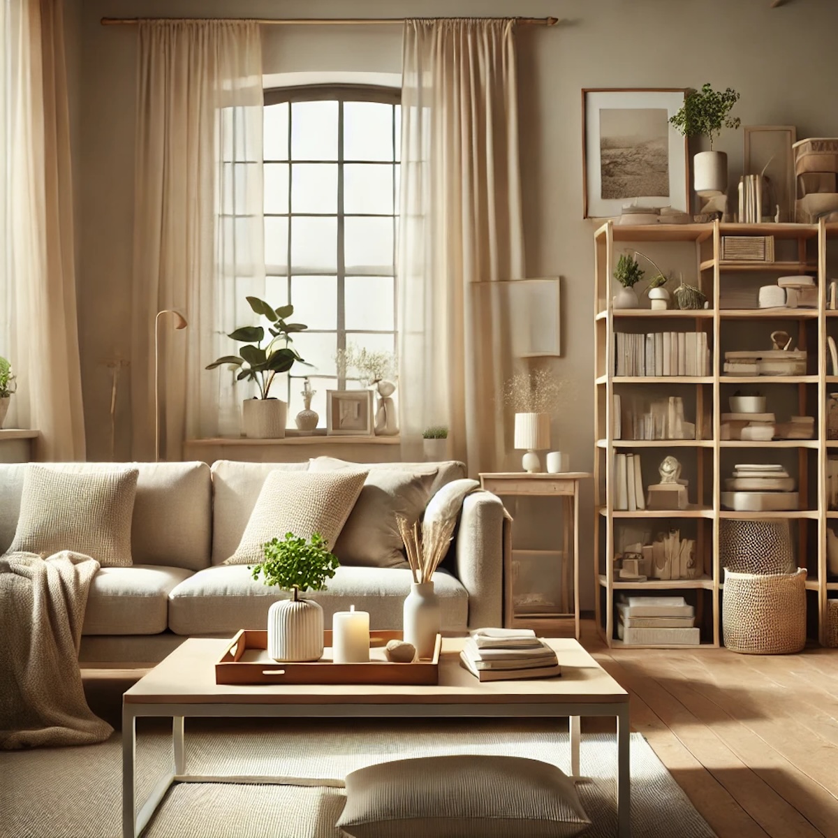 Senior couple relaxing on couch together while brushing their orange cat in a cozy organized living room