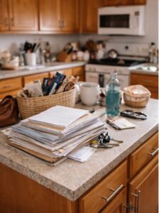 Professional organizer in Toronto A cluttered kitchen countertop with a stack of papers, a basket filled with utensils, a mug, a bottle of liquid, and various items including keys and a takeout container. offering professional organization services for homes and offices.